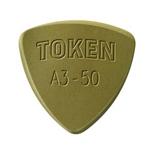 Close-up front-facing image of Token Green A3-50 flatpick
